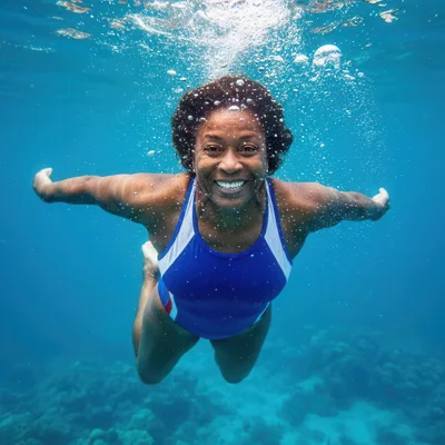 Happy Mature Woman Swimming Underwater In The Ocean