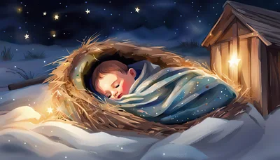 Baby Sleeping In A Straw Manger Under Starry Sky