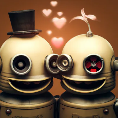 Two Cute Retro Robots In Love