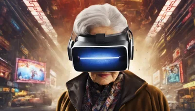 Elderly Woman Wearing Futuristic Virtual Reality Headset