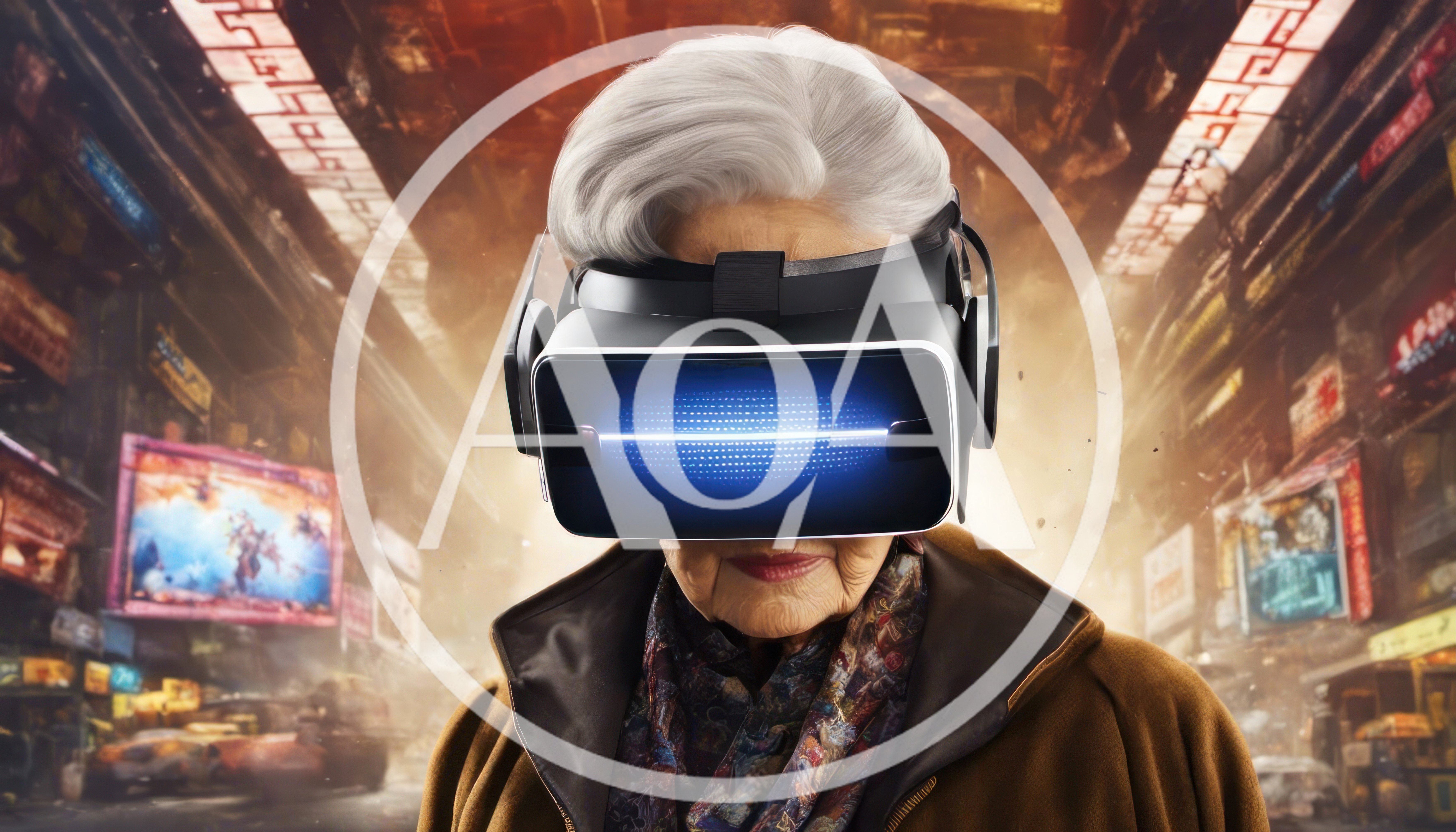 Elderly Woman Wearing Futuristic Virtual Reality Headset