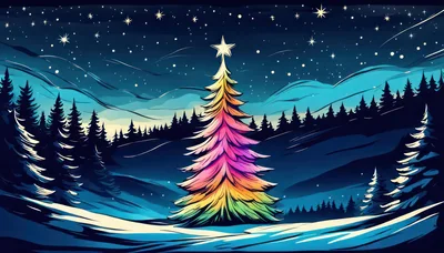 Colorful Rainbow Christmas Tree in Snowy Forest