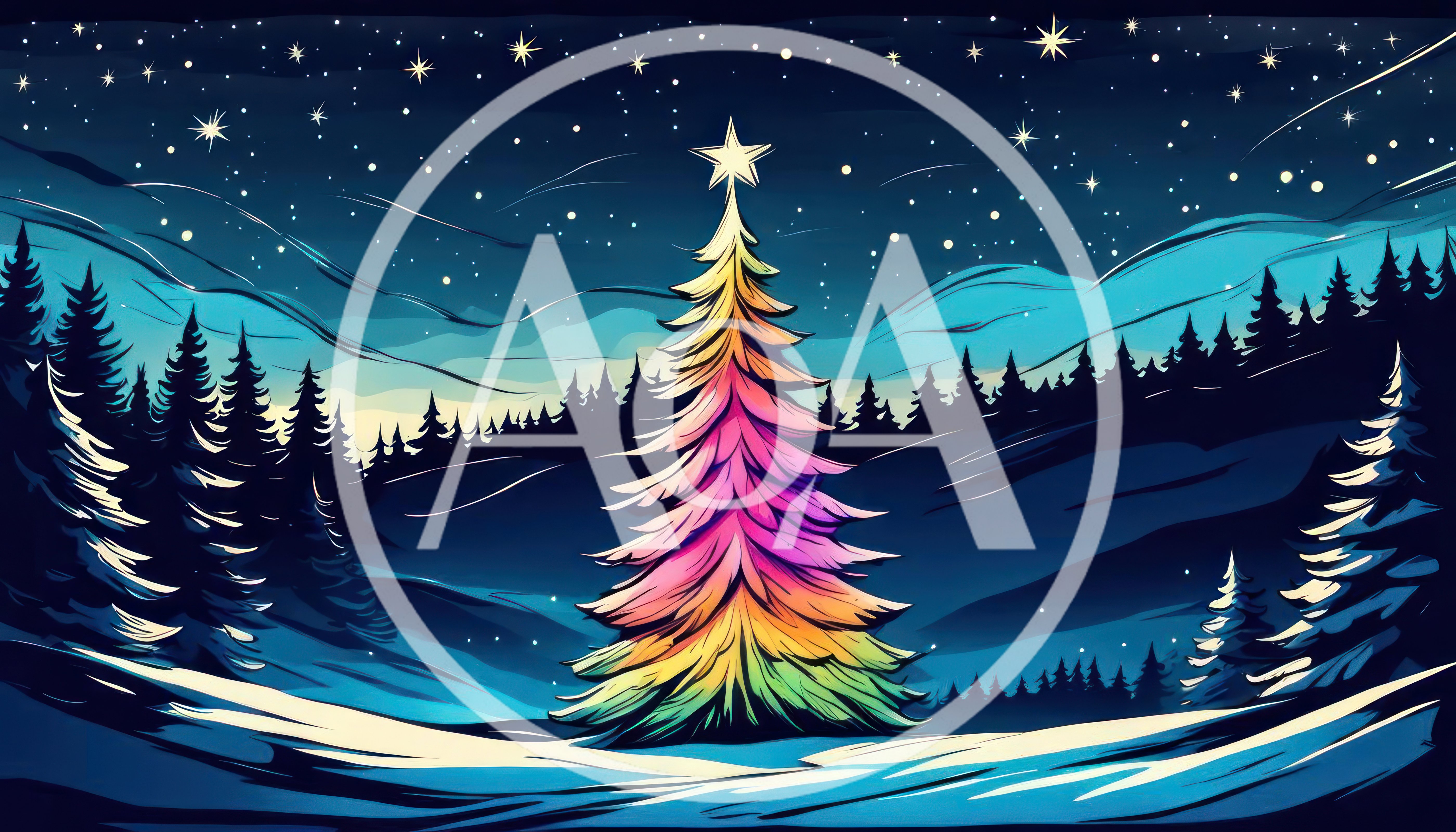 Colorful Rainbow Christmas Tree in Snowy Forest