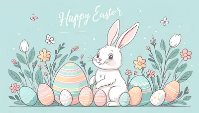 Cute Easter Bunny With Decorated Eggs And Flowers