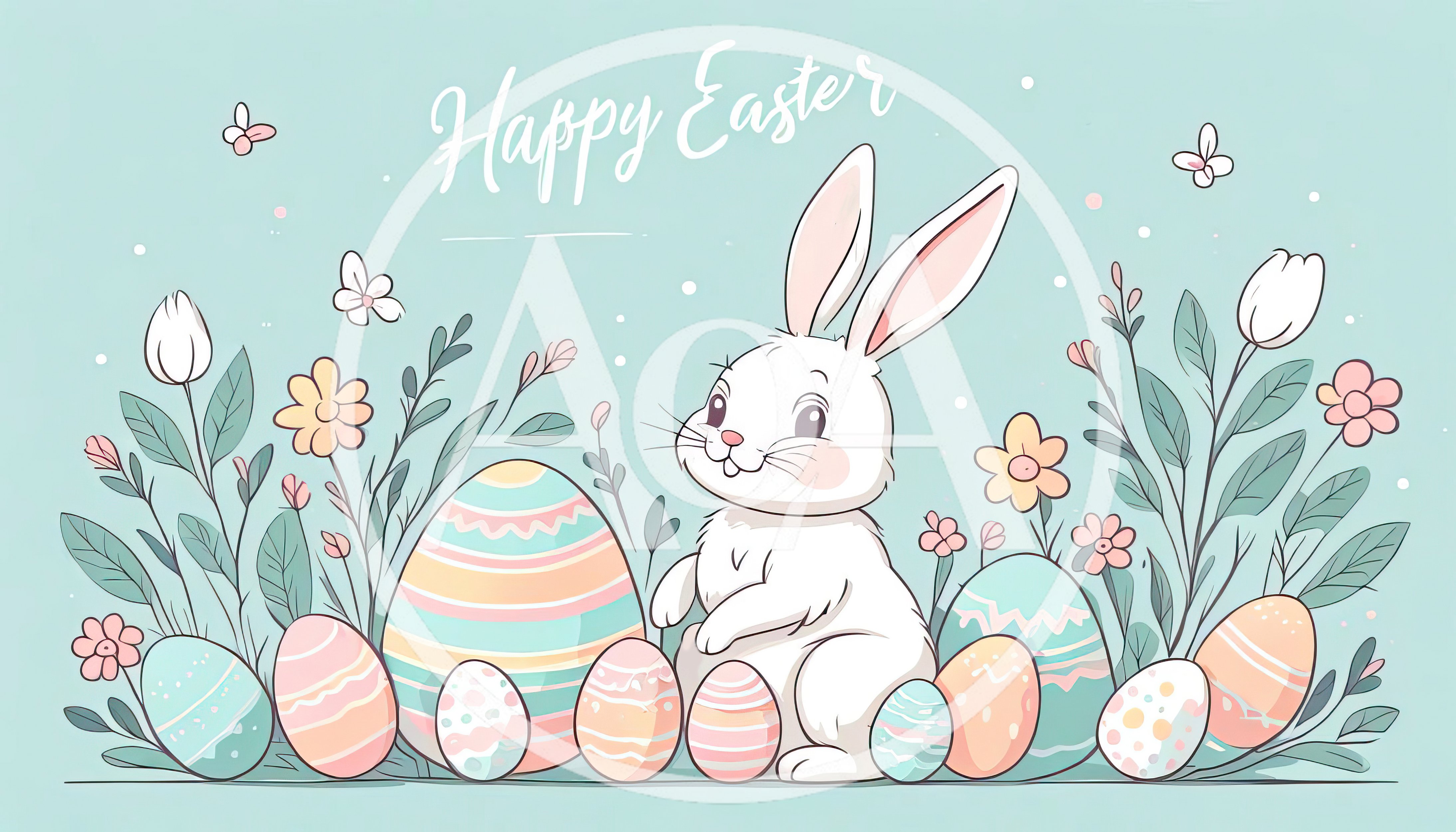 Cute Easter Bunny With Decorated Eggs And Flowers