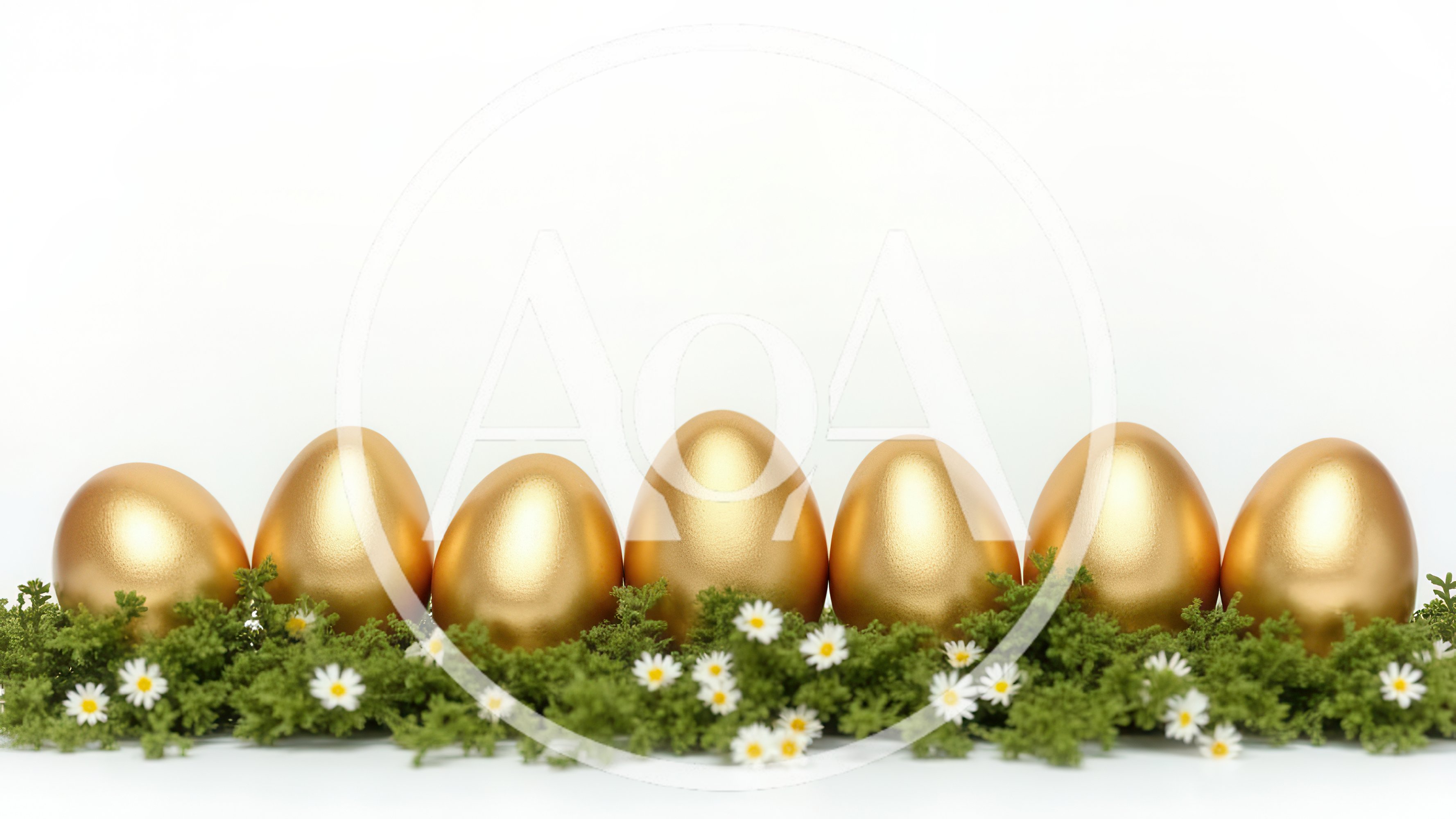 Seven Golden Easter Eggs On Green Moss With Daisies