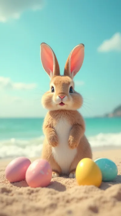 Cute Easter Bunny Standing on Sandy Beach