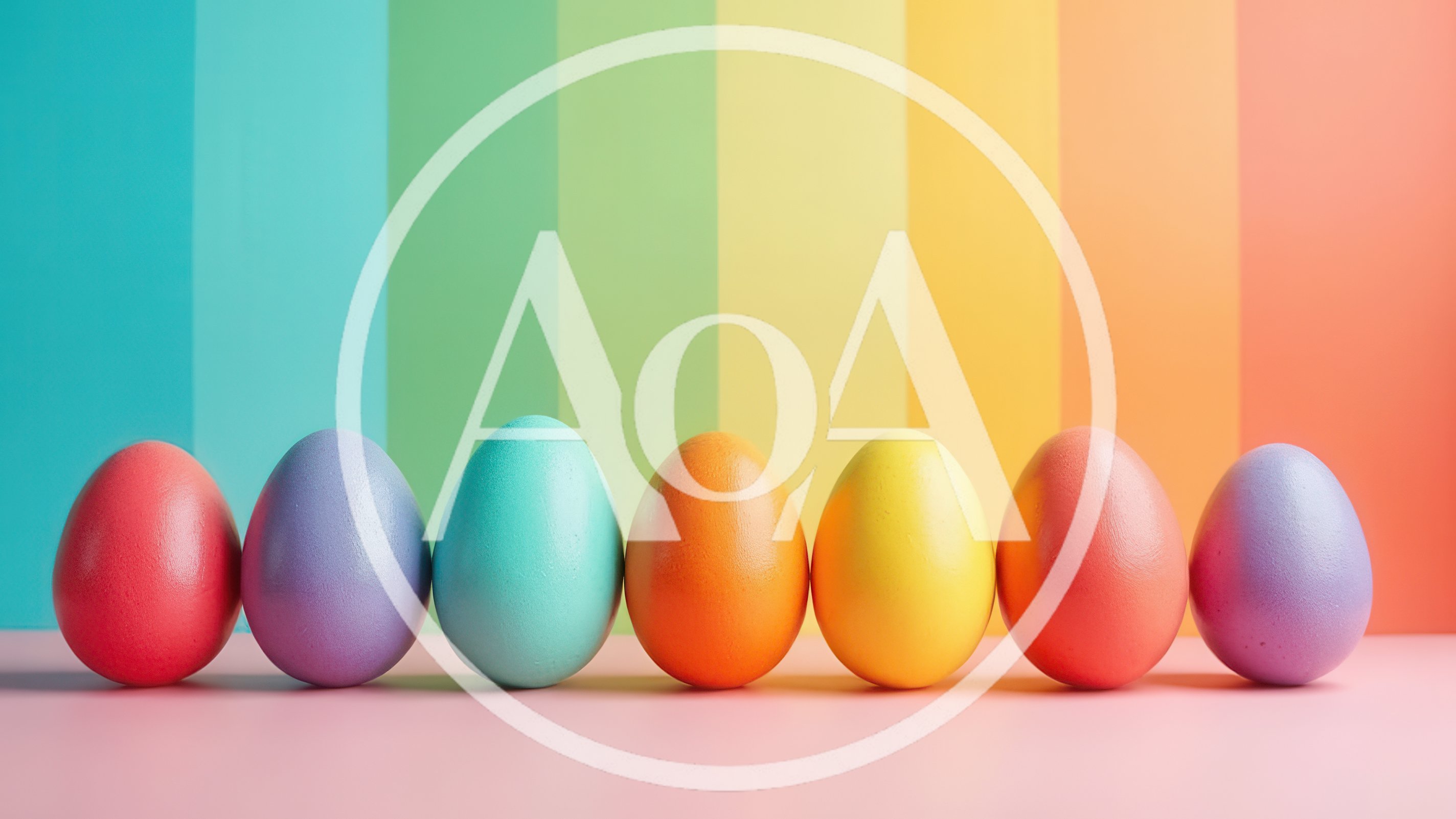 Seven Colorful Easter Eggs Lined Up On Pastel Surface