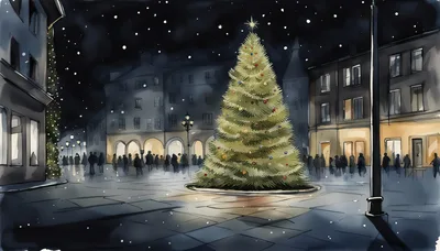 Christmas Tree In A Snowy European Town Square