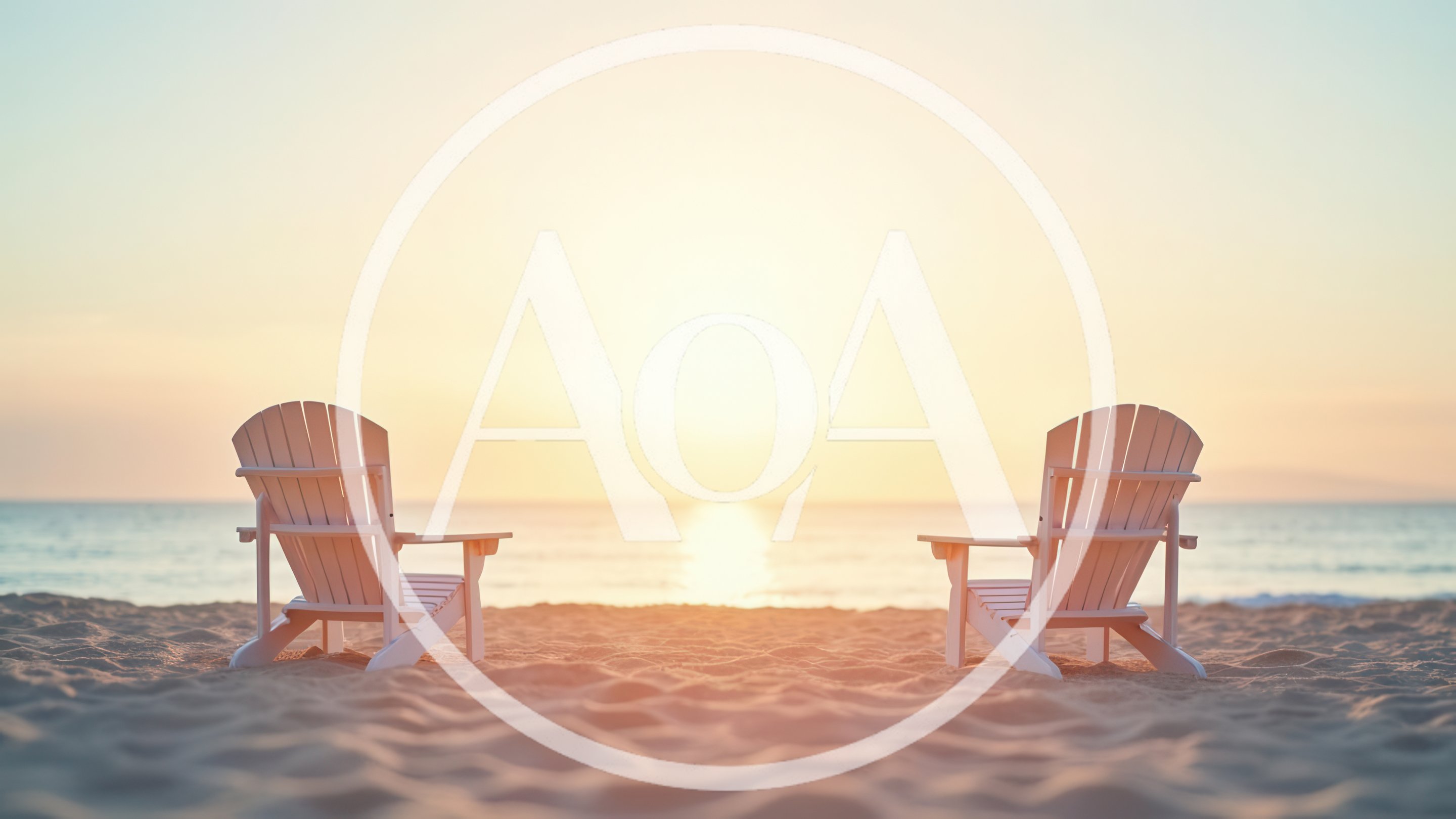 Two Empty Adirondack Chairs On A Sandy Beach At Sunset
