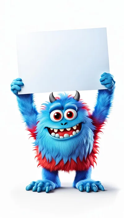 Blue Furry Monster Holding A Blank White Sign