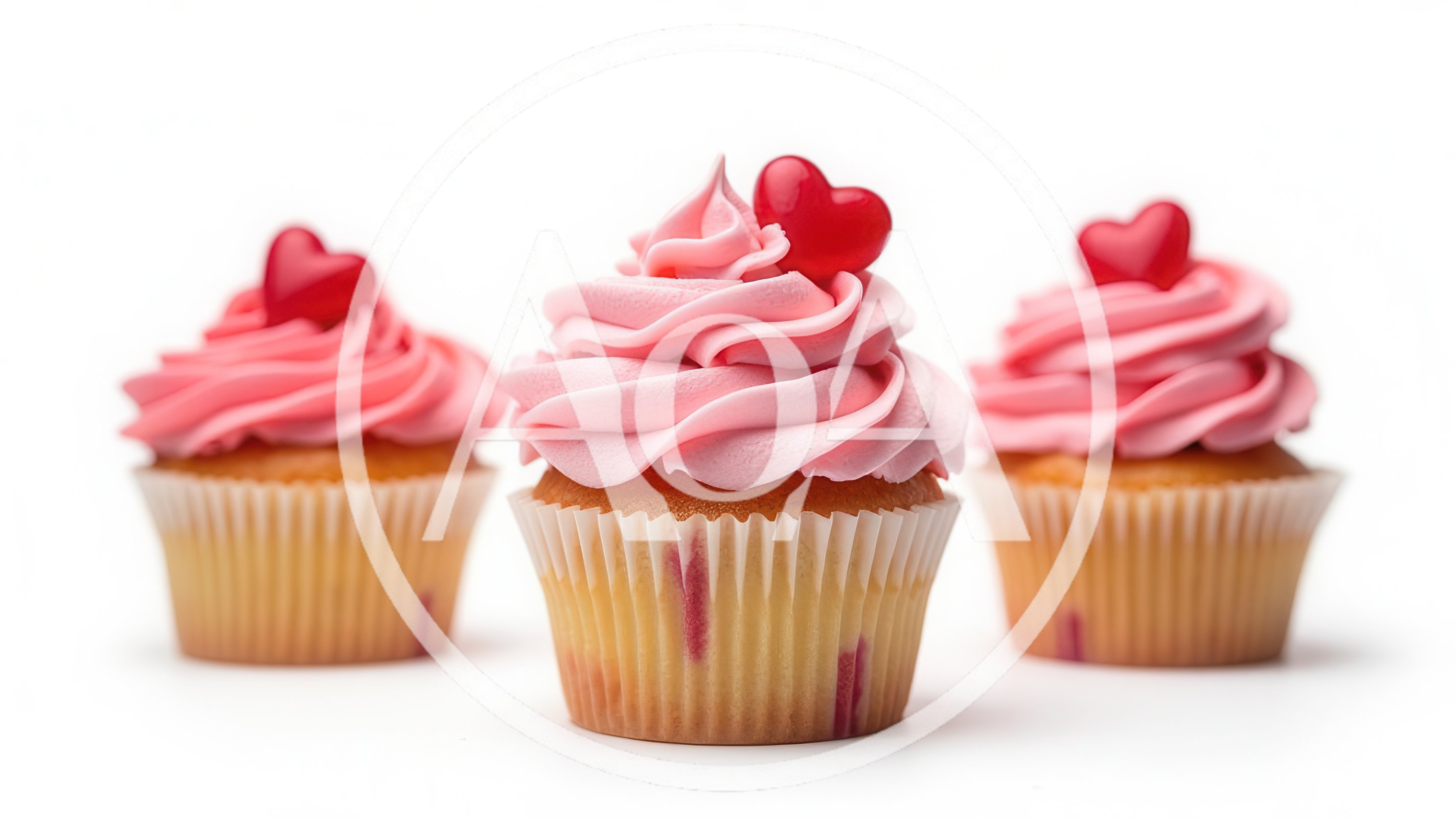 Three Pink Frosted Cupcakes With Heart Toppers