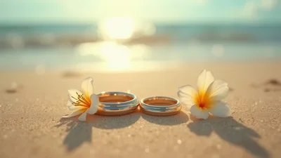 Two Gold Wedding Rings With Plumeria Flowers On Beach