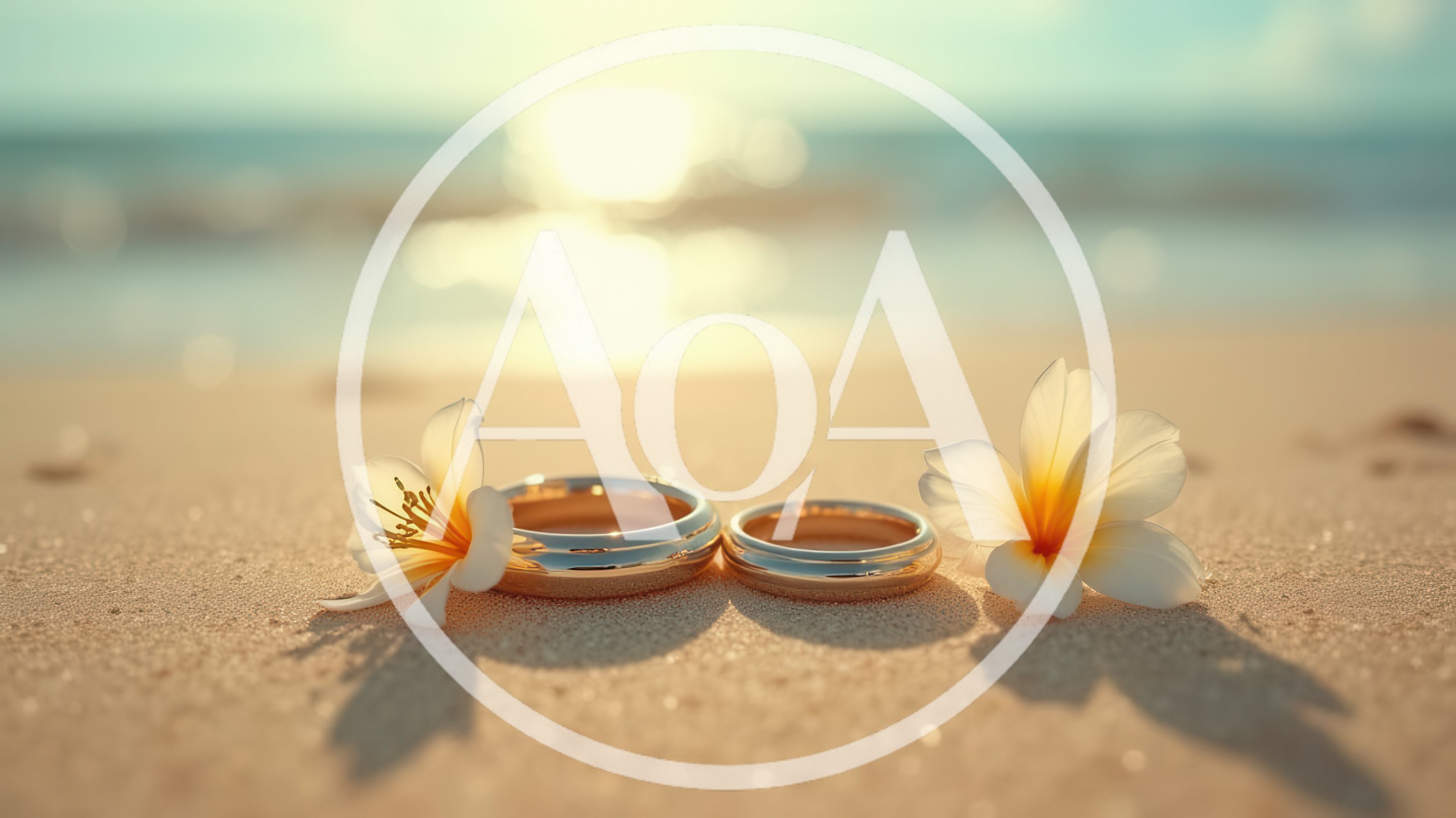 Two Gold Wedding Rings With Plumeria Flowers On Beach