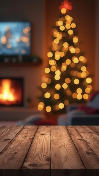 Wooden Table Surface With Blurred Christmas Living Room Background