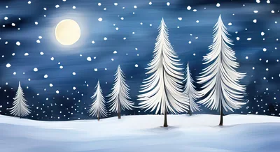 Winter Landscape With Snowy Pine Trees Under Full Moon