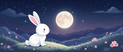 Cute White Rabbit Sitting Under A Full Moon