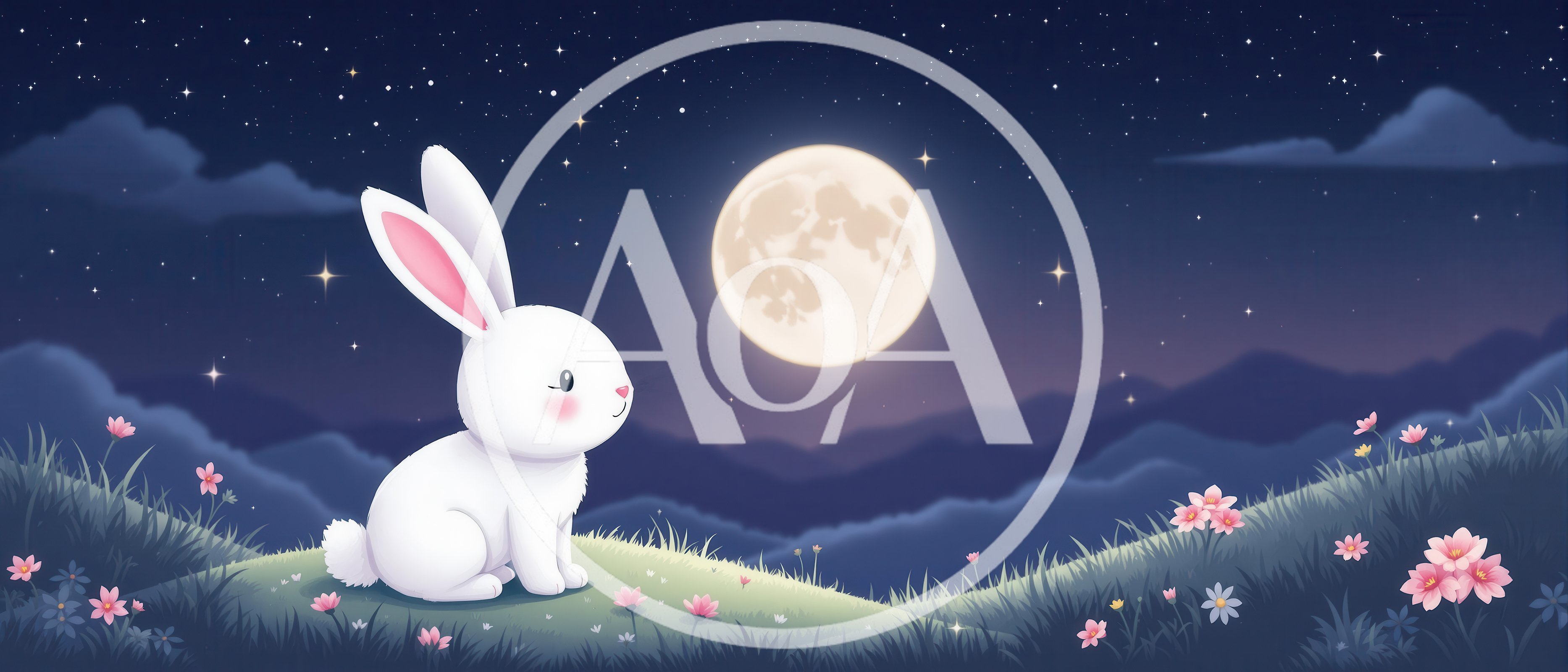 Cute White Rabbit Sitting Under A Full Moon