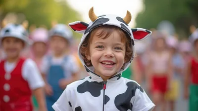 Happy Child Wearing A Cow Costume At A Parade