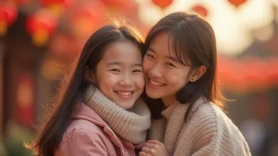 Two Asian Sisters Smiling Together Outdoors