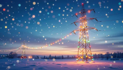Christmas Lights Decorated Electricity Pylons In Snowy Landscape