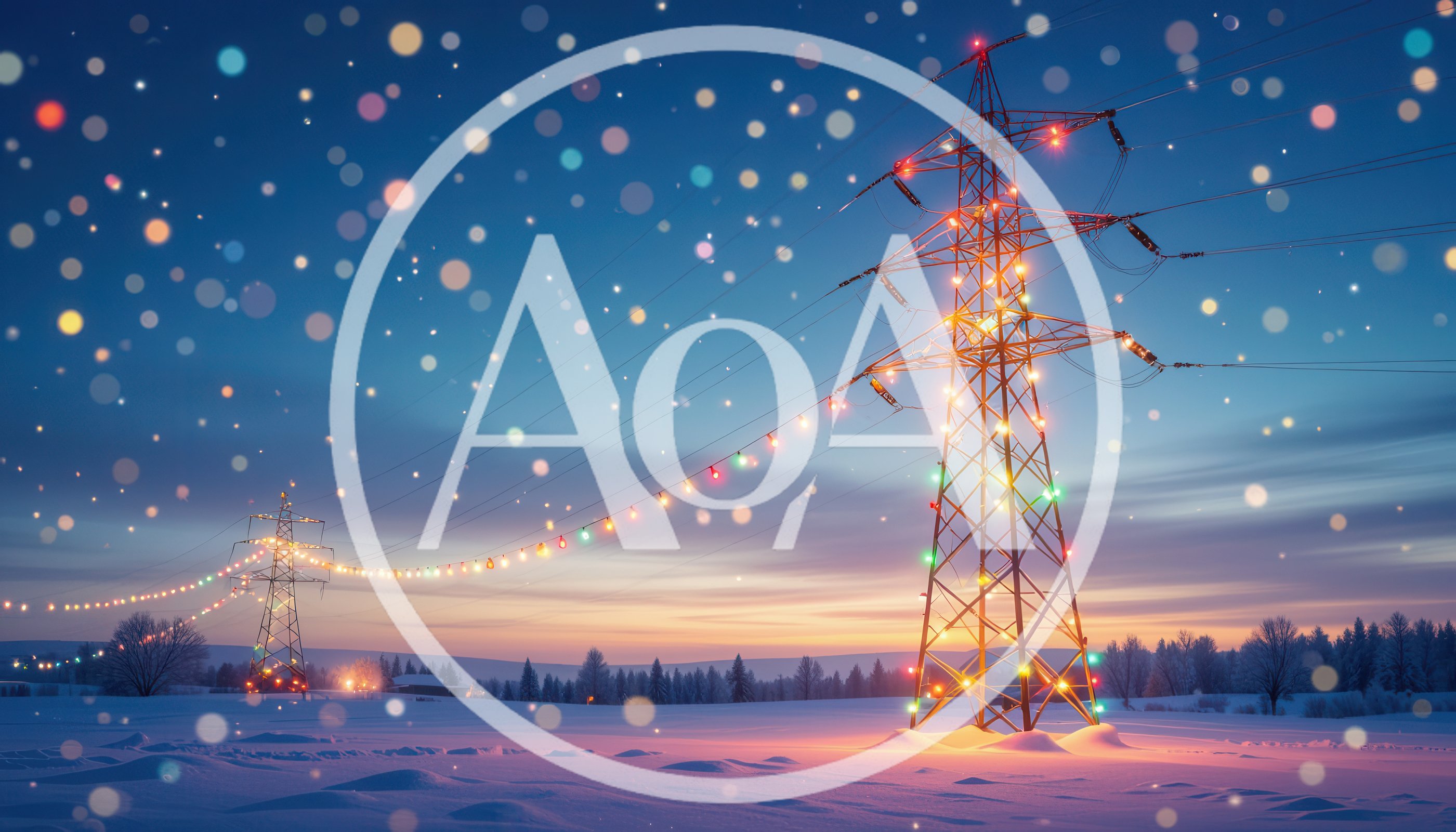 Christmas Lights Decorated Electricity Pylons In Snowy Landscape