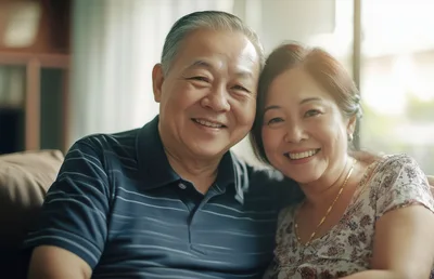 Happy Senior Asian Couple Embracing At Home