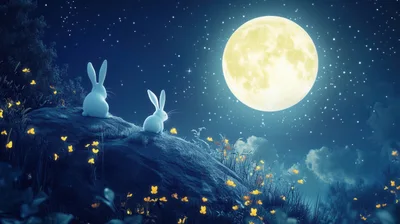 Two White Rabbits Watching A Full Moon