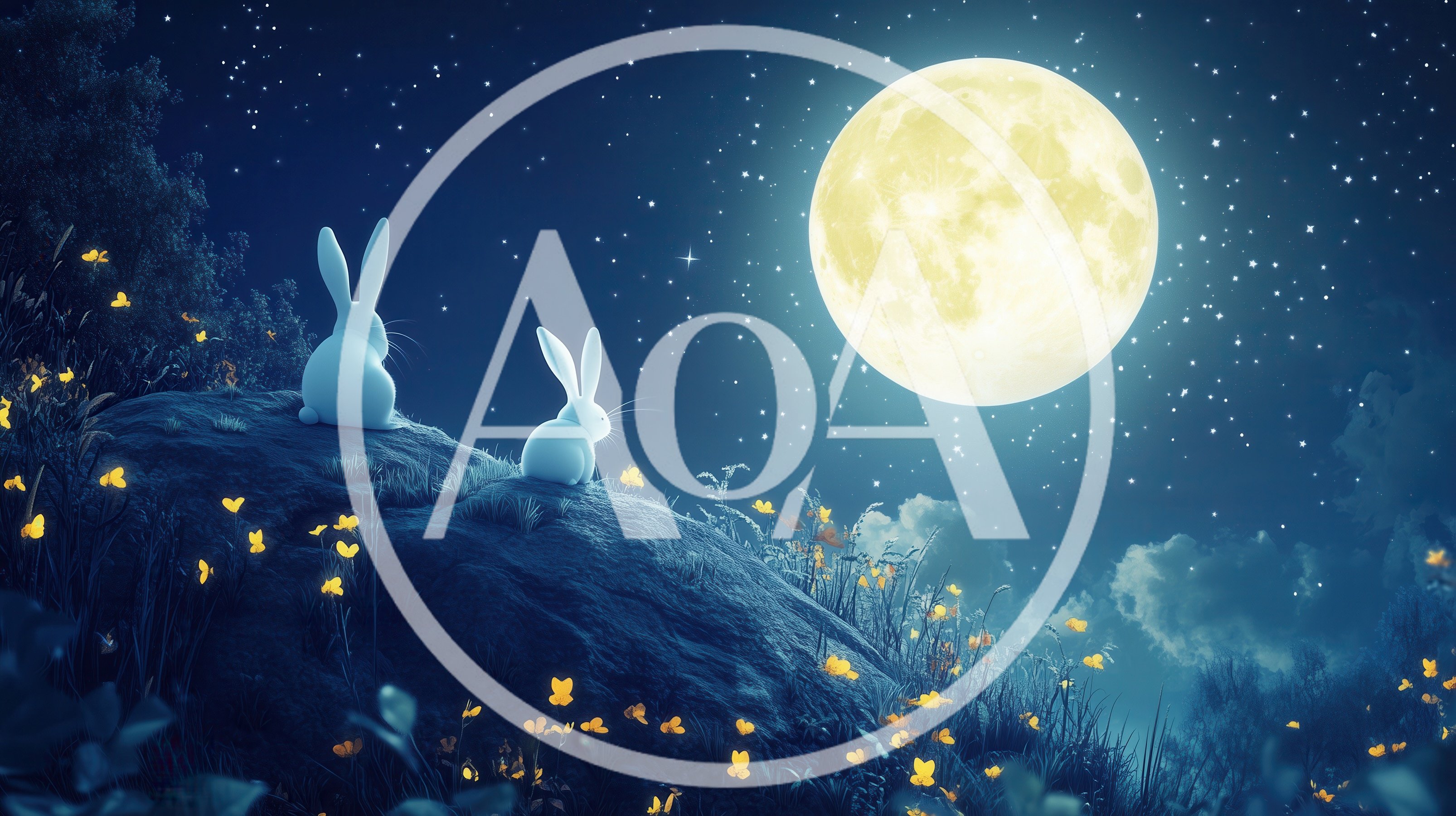 Two White Rabbits Watching A Full Moon