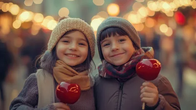 Two Children Holding Candy Apples at Christmas Market