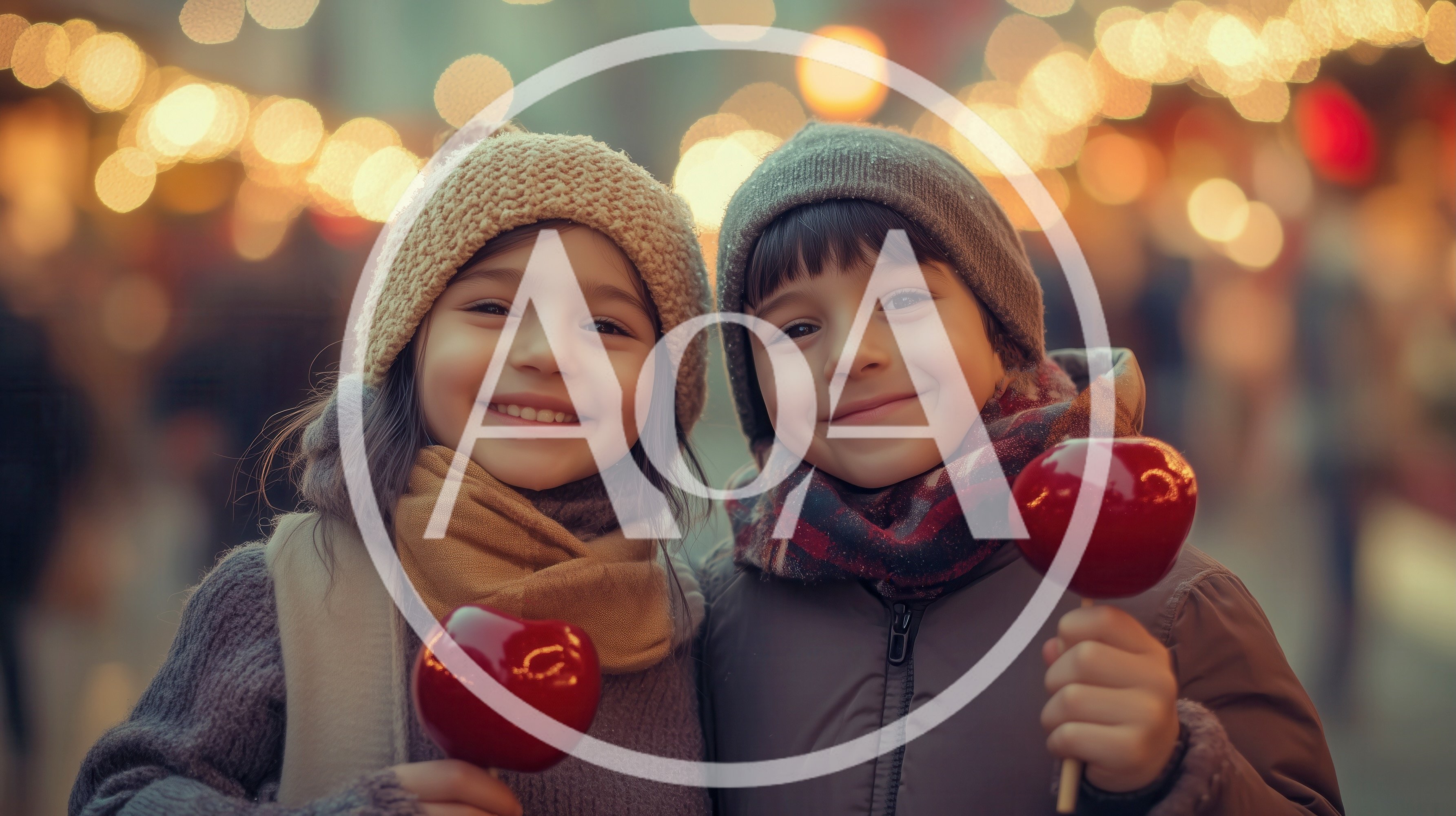 Two Children Holding Candy Apples at Christmas Market