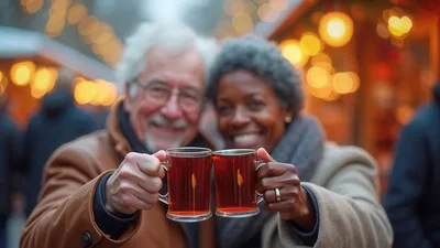 Senior Couple Toasting With Mulled Wine At Christmas Market