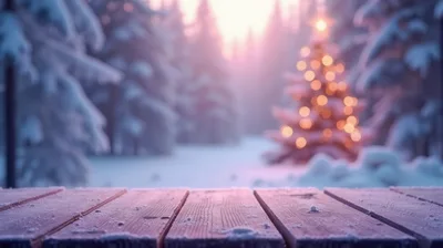 Empty Wooden Table With Blurred Christmas Tree Background