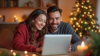 Happy Couple Using Laptop Together During Christmas
