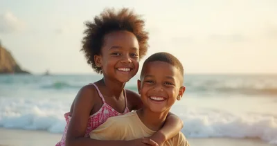Happy Siblings Embracing on a Sunny Beach