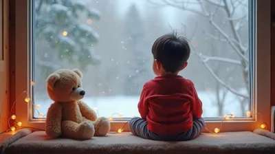 Young Boy Sitting With Teddy Bear Watching Snowfall