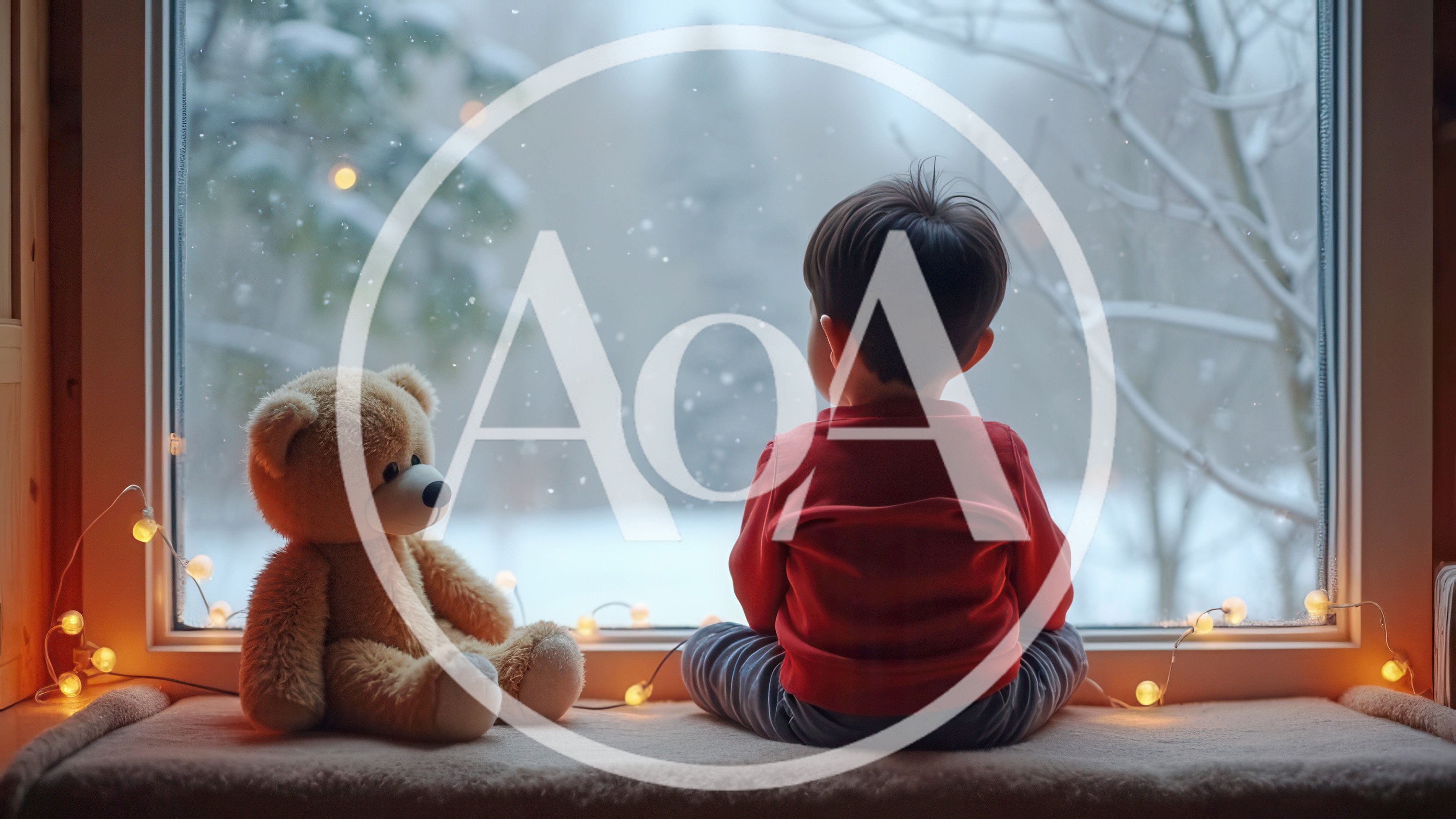Young Boy Sitting With Teddy Bear Watching Snowfall