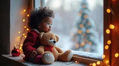 Toddler Sitting With Teddy Bear By Snowy Window