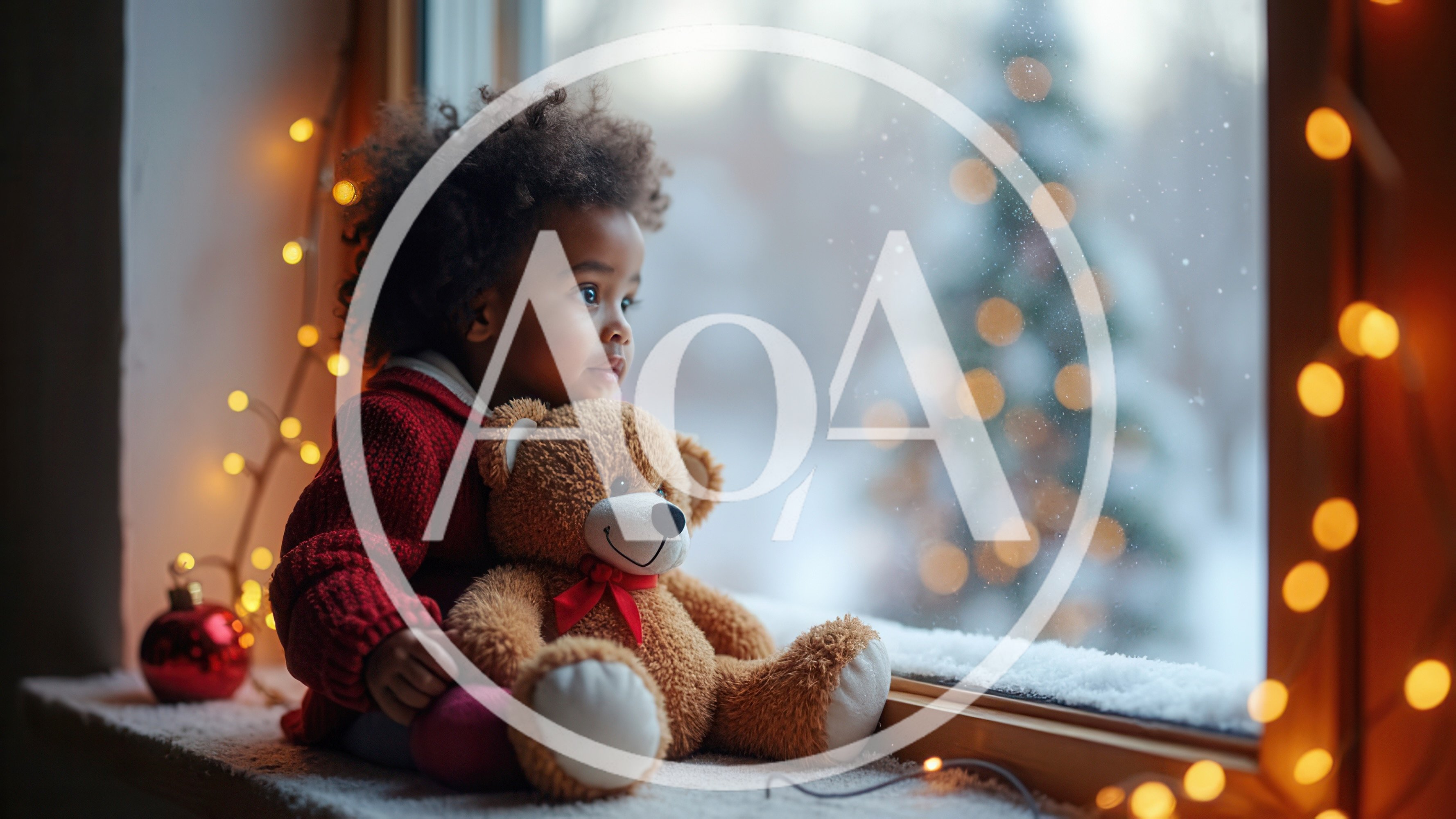 Toddler Sitting With Teddy Bear By Snowy Window