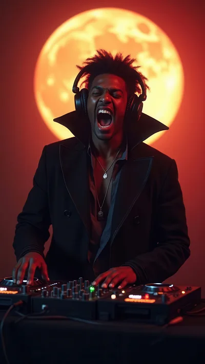 Vampire DJ Performing With Headphones And Mixing Console