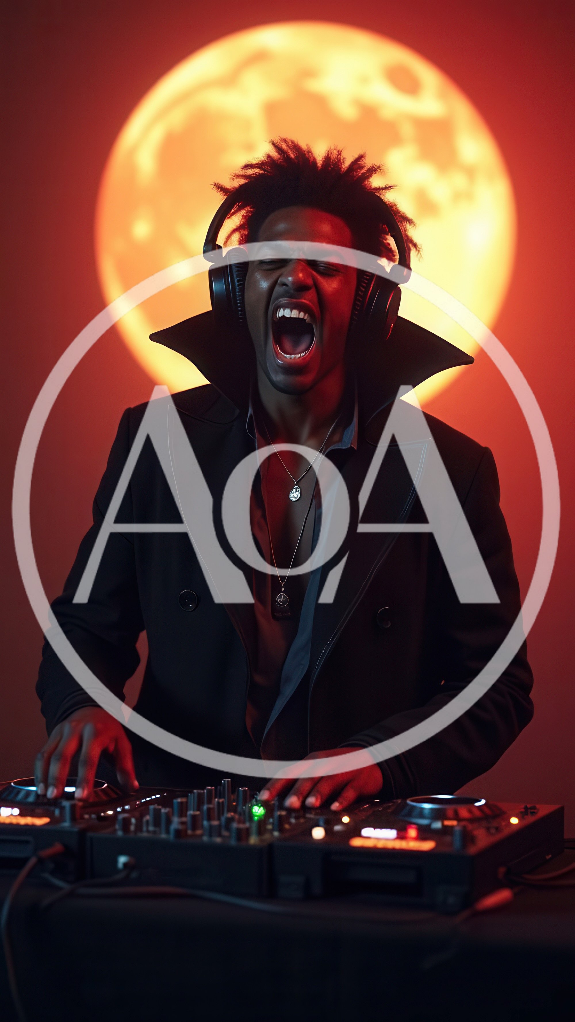 Vampire DJ Performing With Headphones And Mixing Console