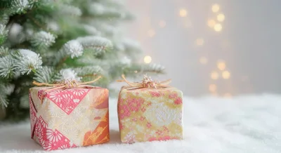 Two Decorative Christmas Gift Boxes Under Snowy Tree