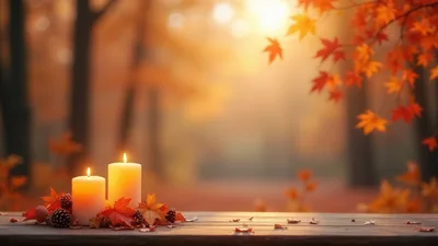 Two Lit Candles On A Wooden Table In Autumn