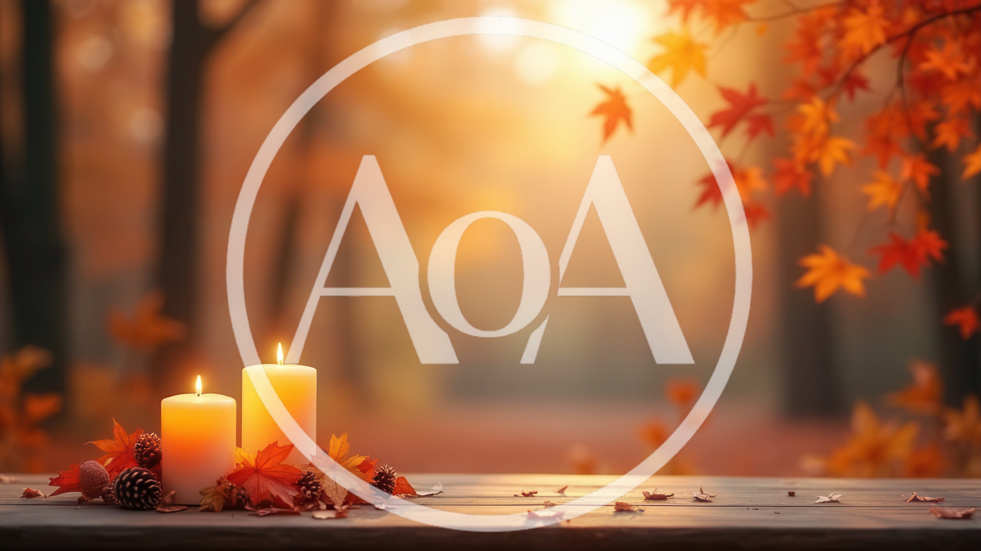 Two Lit Candles On A Wooden Table In Autumn