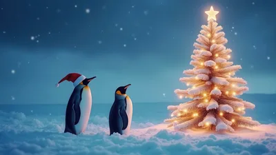 Two Penguins Looking At A Glowing Christmas Tree