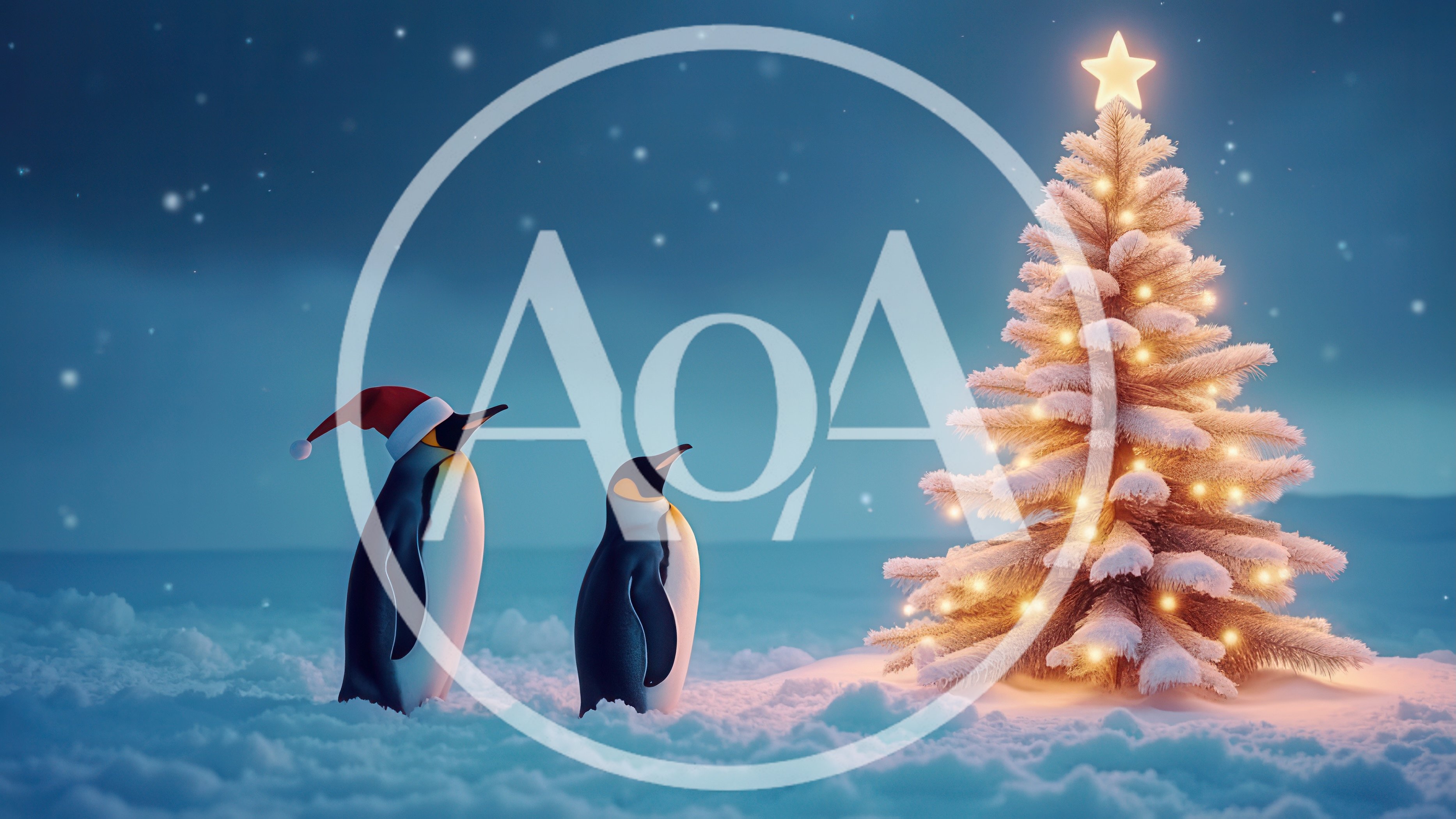 Two Penguins Looking At A Glowing Christmas Tree