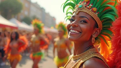 Smiling Carnival Dancer In Vibrant Feather Headdress