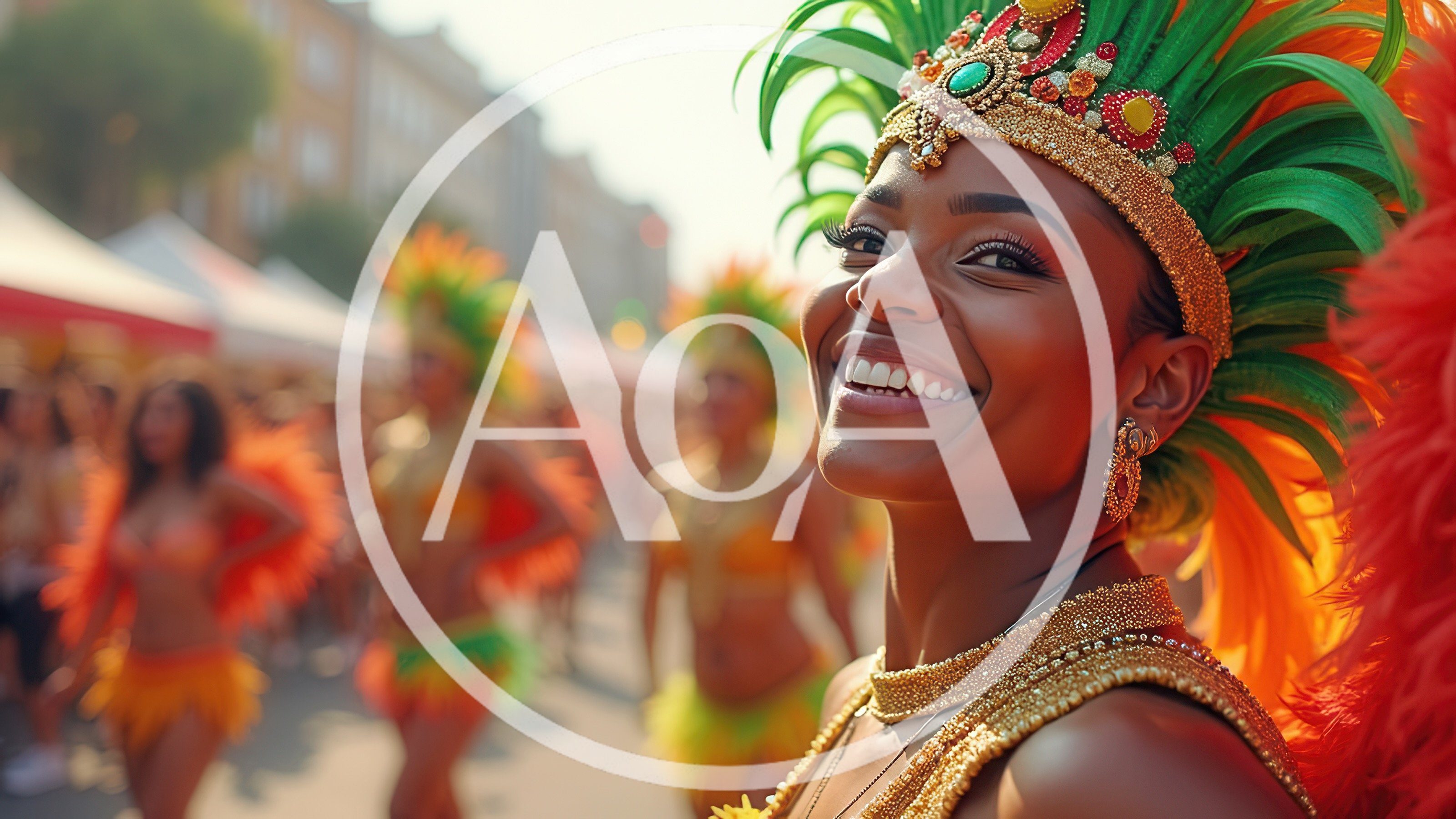 Smiling Carnival Dancer In Vibrant Feather Headdress