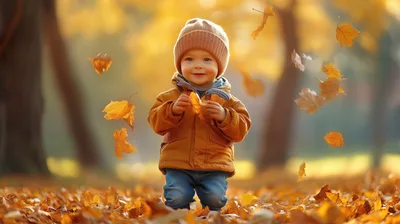 Toddler Playing With Falling Autumn Leaves In Park