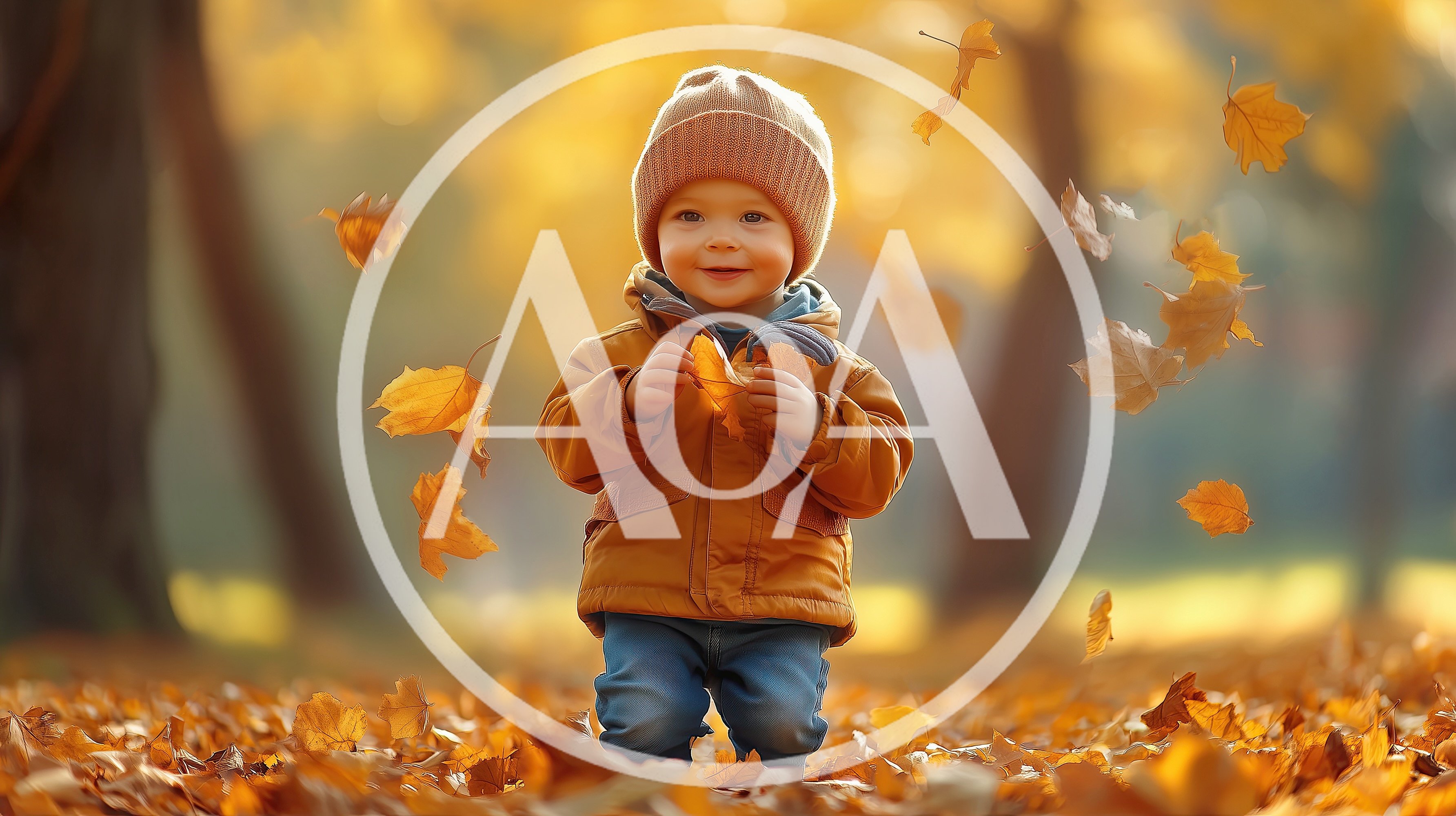Toddler Playing With Falling Autumn Leaves In Park